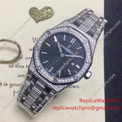 Swiss Clone Audemars Piguet Royal Oak All Diamond SS Black Dial 37mm